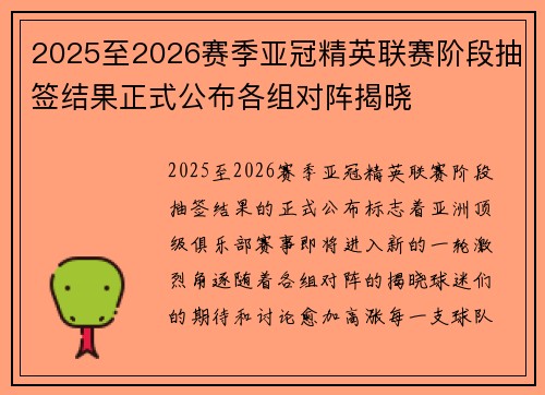 2025至2026赛季亚冠精英联赛阶段抽签结果正式公布各组对阵揭晓