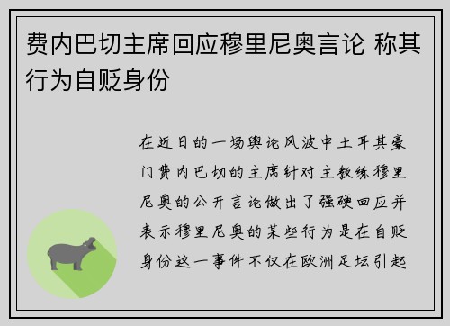 费内巴切主席回应穆里尼奥言论 称其行为自贬身份